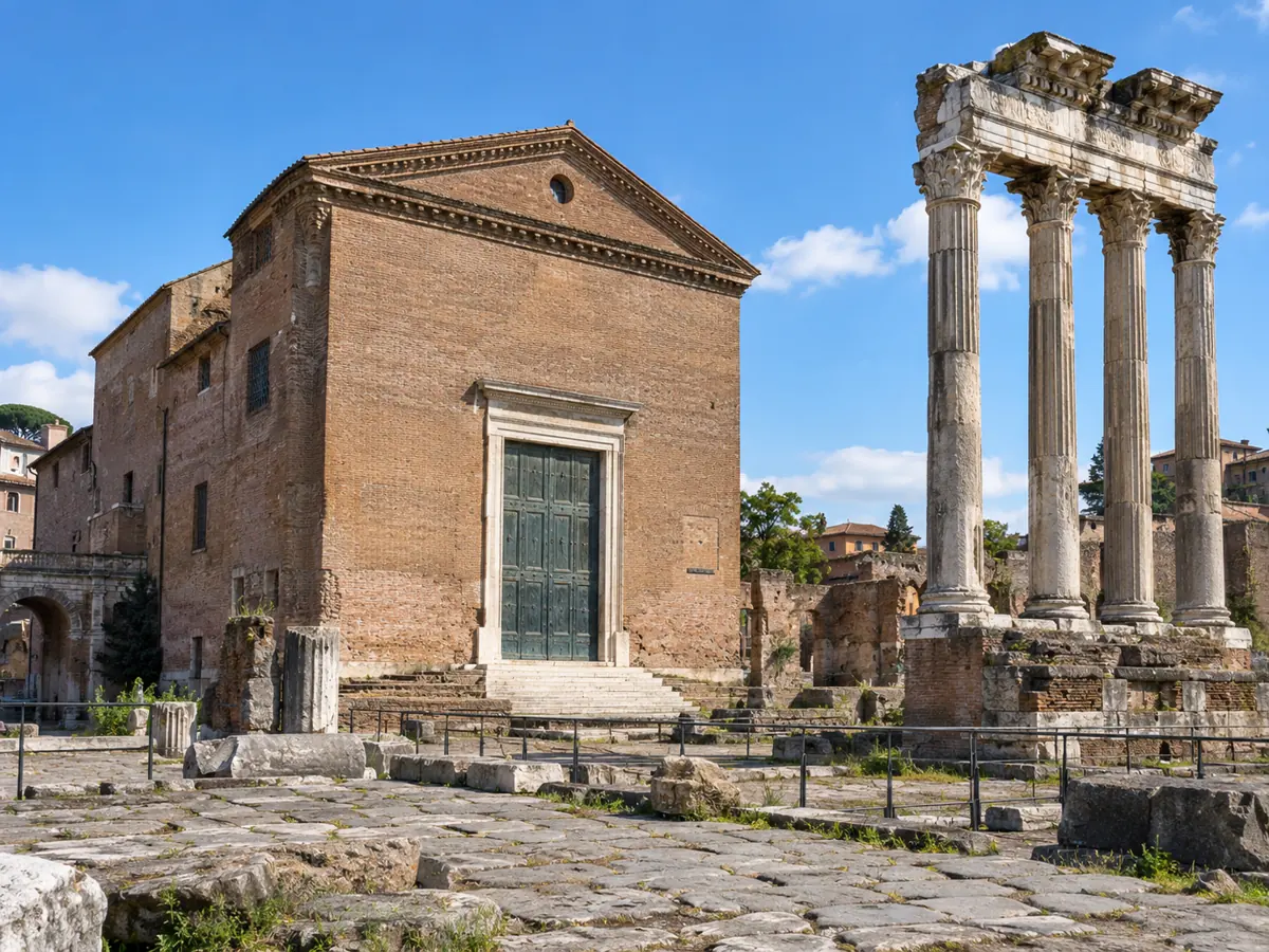 The brick Curia building in the Roman Forum with temple columns beside it