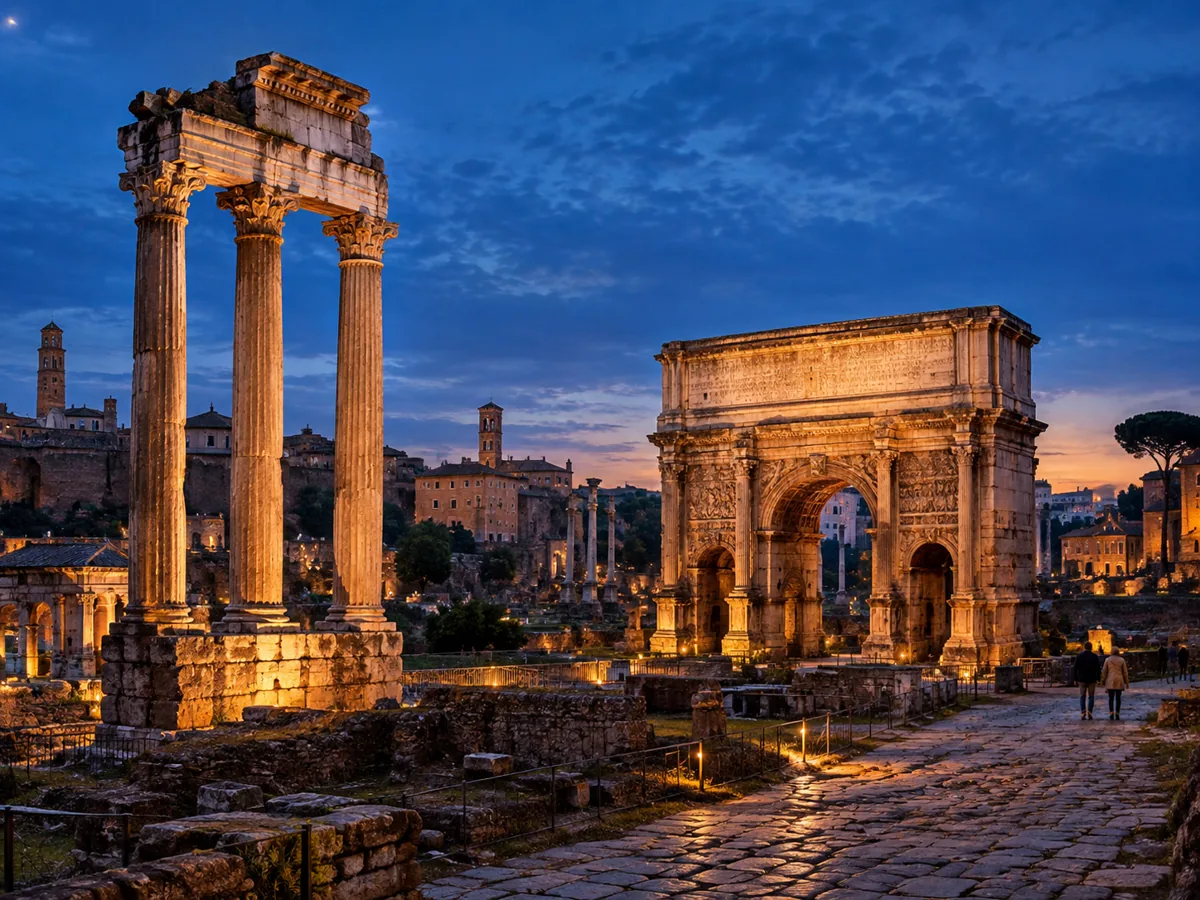 The Roman Forum floodlit at blue hour, with columns and the Arch of Septimius Severus