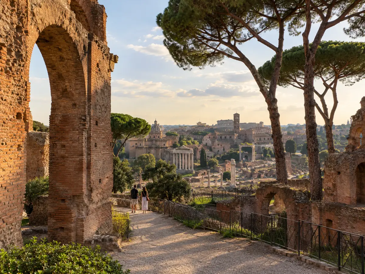 A brick arch on the Palatine Hill framing umbrella pines and the city beyond