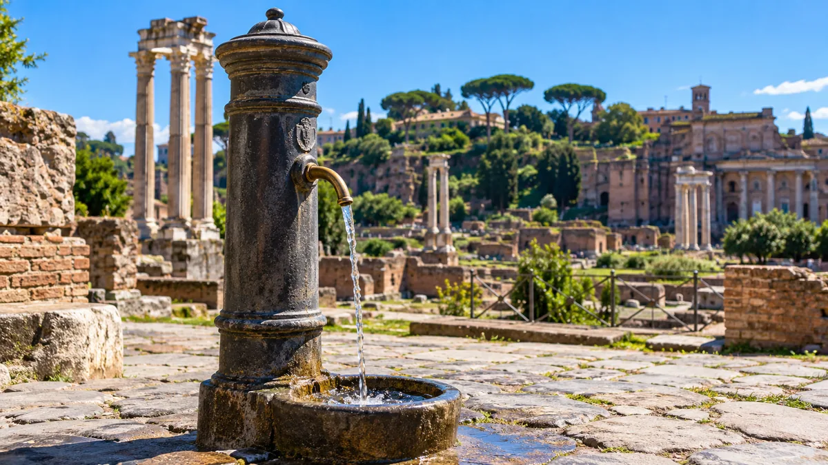 A cast-iron drinking fountain running in the sunny Roman Forum