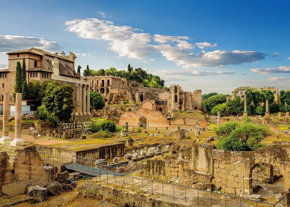 Panorama of the Roman Forum ruins seen from the Palatine Hill